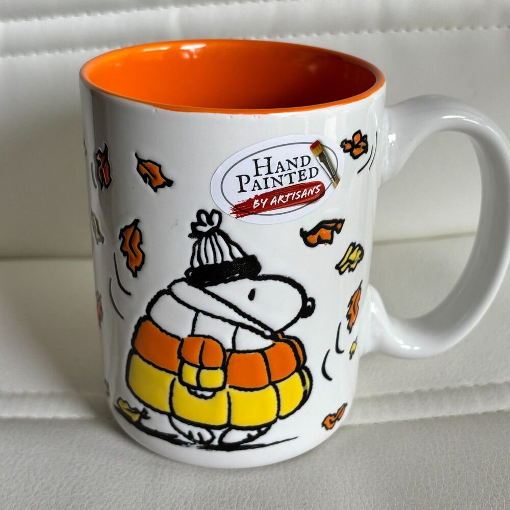 Peanuts Snoopy Fall Leaves Candy Corn Pumpkin Hand Painted 16oz. Coffee Mug